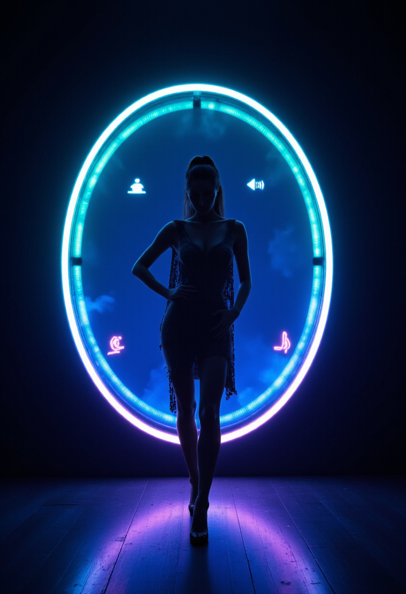 Portal circular de luz con íconos de voz, avatar y bot orbitando, y una silueta femenina acercándose