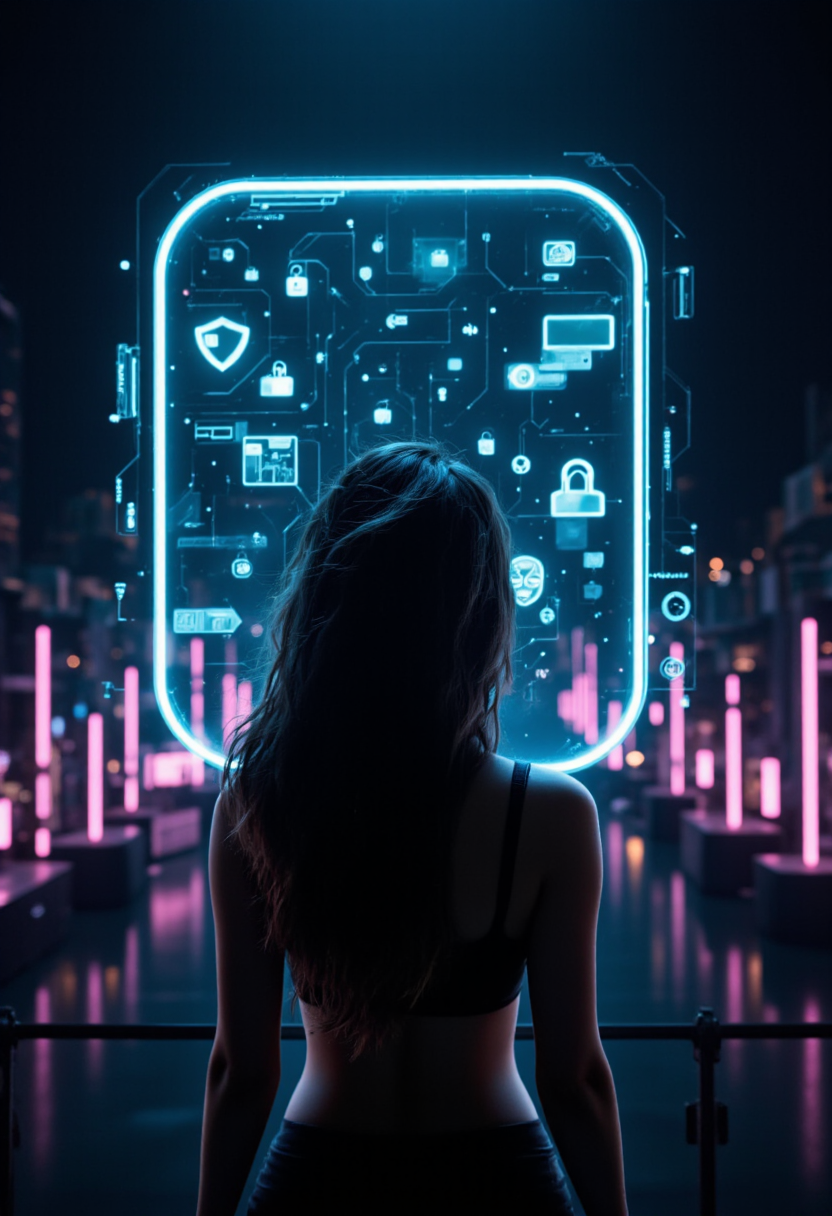 Ilustración futurista de creadora anónima con auriculares y paneles holográficos de voz e IA