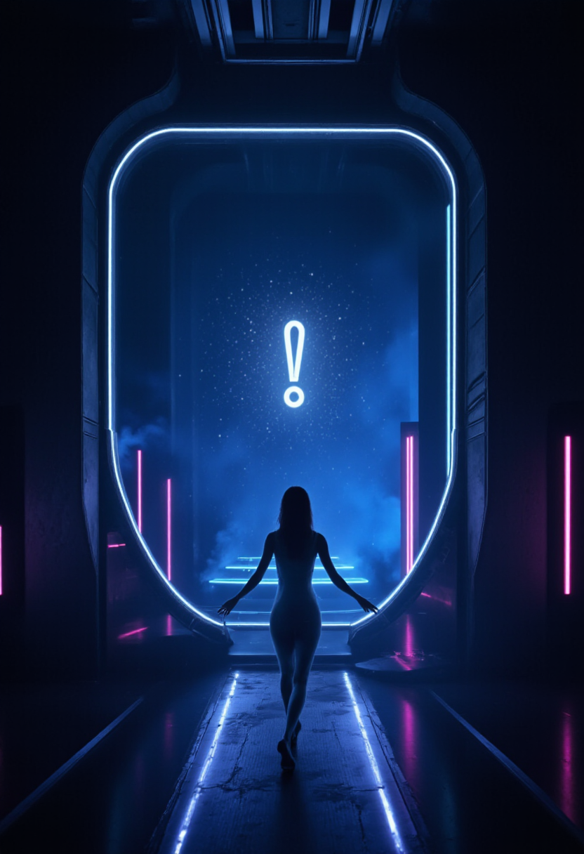 Escena futurista de un portal luminoso frente al que una silueta femenina decide si entrar o no