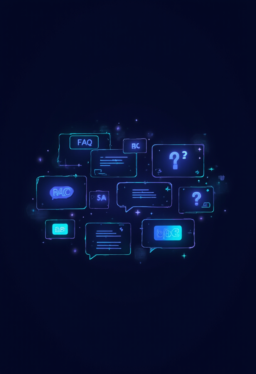 Interfaz futurista con burbujas de chat e íconos de pregunta representando un centro de ayuda