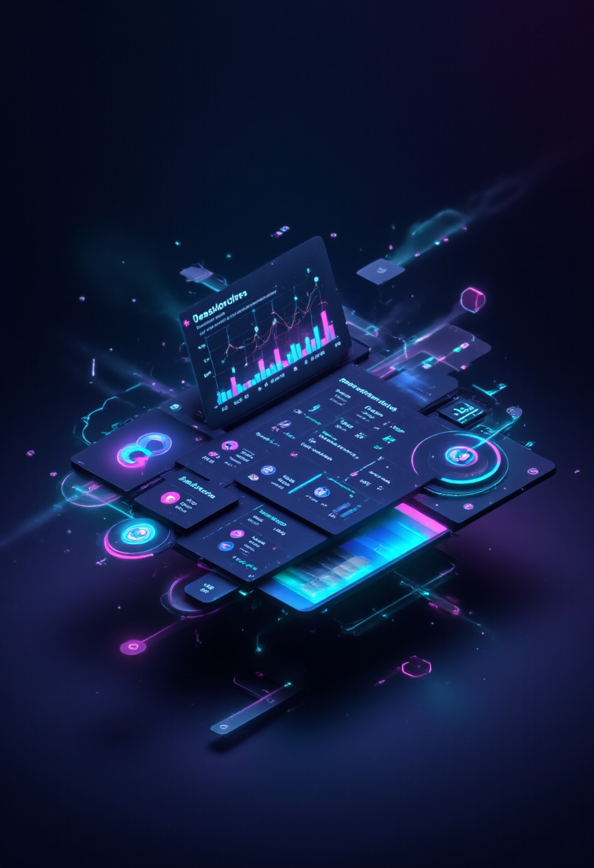 Ilustración de cuatro paneles que muestran el proceso de aplicar, diseñar personaje, configurar sistema y monetizar