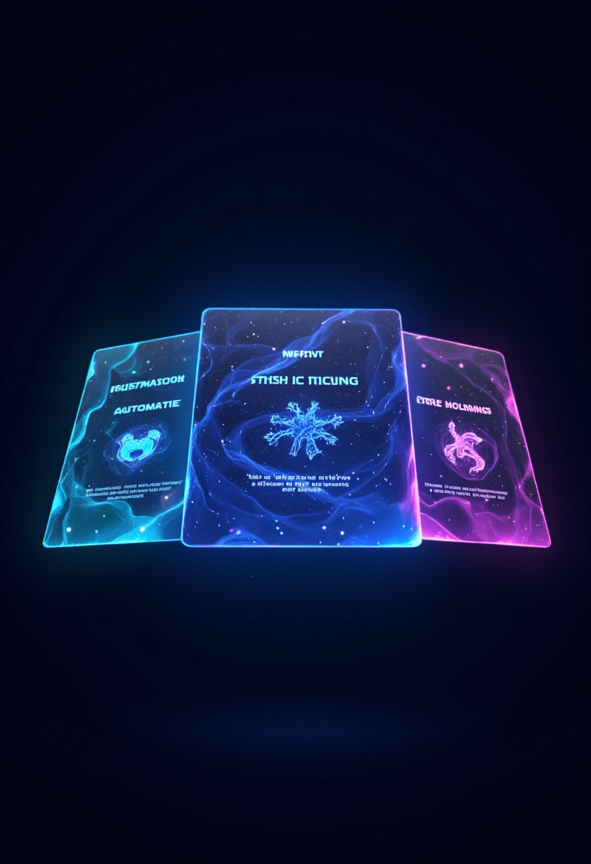 Tres tarjetas holográficas que representan los planes Starter, Pro y Full Automatizado